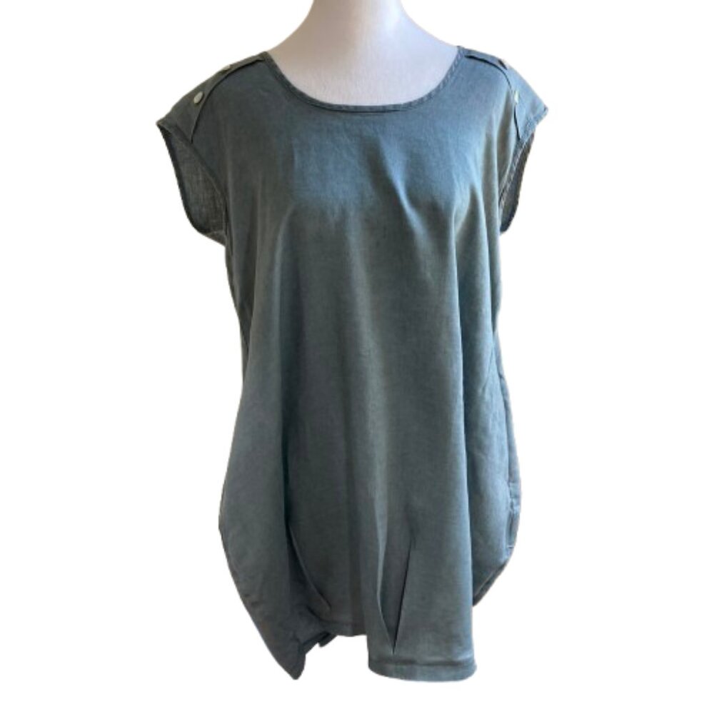 Vigorella Linen Dress Cap Sleeve Teal Pockets Oversized Pullover Lagenlook, Med